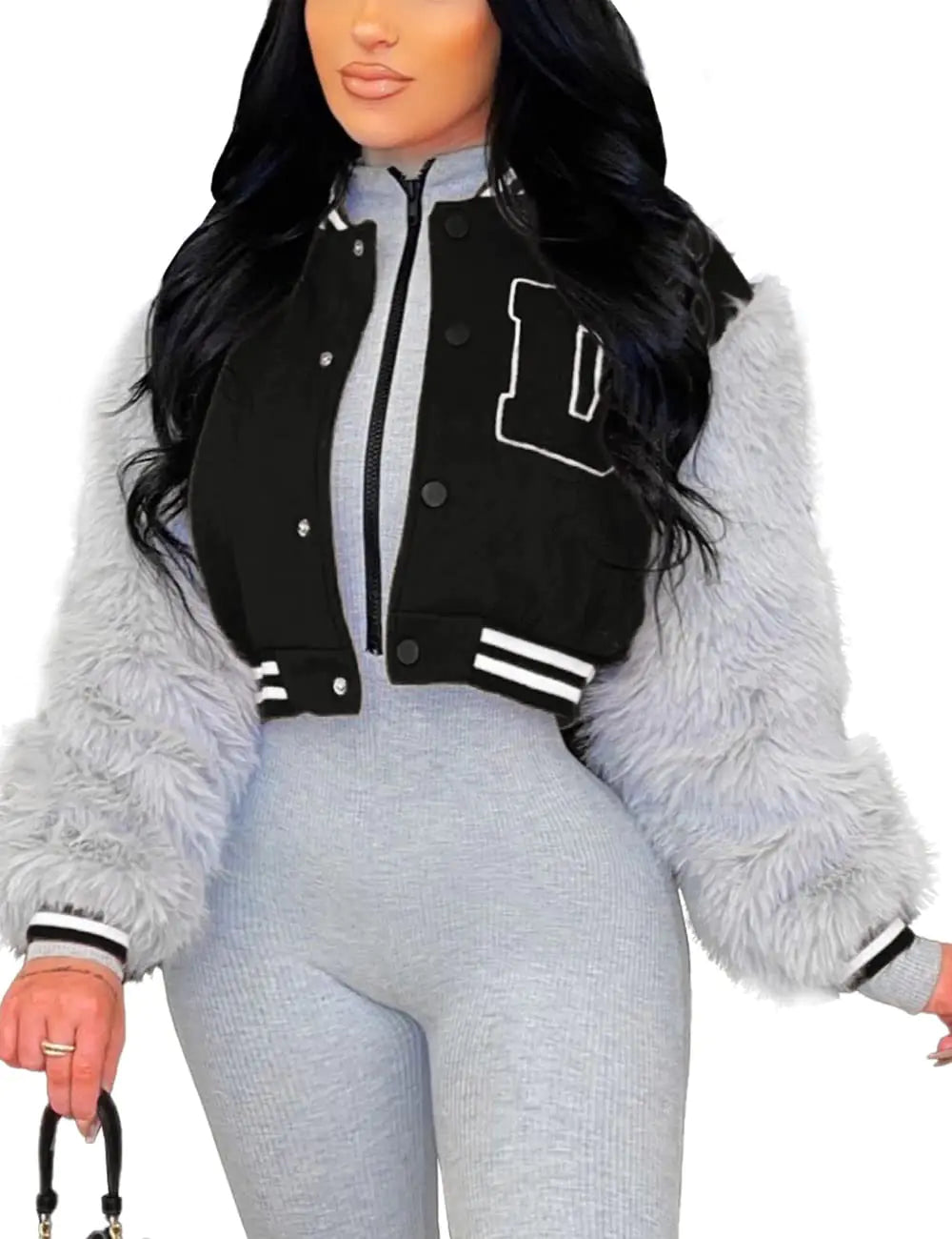 Women Letterman Jacket Faux Fur Sleeve Crop Varsity Jackets Baseball Vintage Coats Streetwear Black L