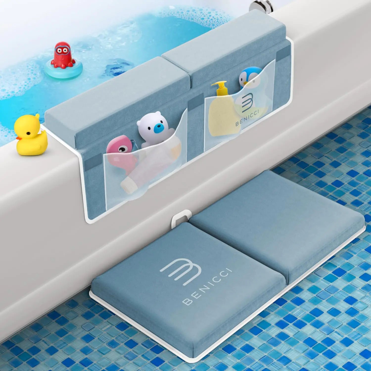 Comfortable Bath Kneeler and Elbow Kneeling Rest Pad for Baby Bathing Parents - Painless Foam Mat with Toy Organizer Pockets - Quick Drying, Foldable