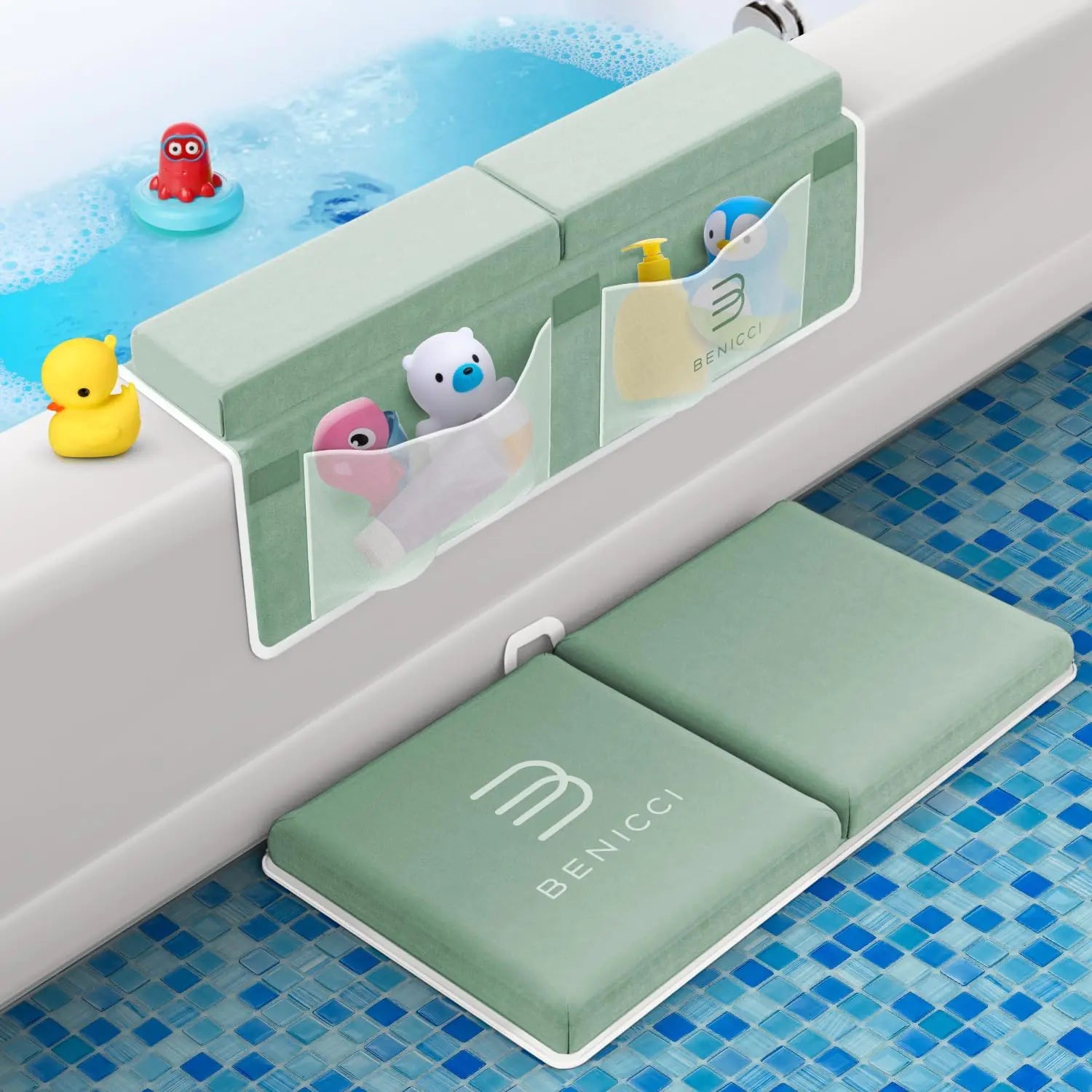 Comfortable Bath Kneeler and Elbow Kneeling Rest Pad for Baby Bathing Parents - Painless Foam Mat with Toy Organizer Pockets - Quick Drying, Foldable